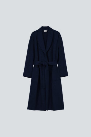 Bomber Men's Wool-Silk Knit Robe in navy blue, showcasing full-length fit and minimalist style.