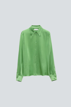 Green Vibrant Silk Shirt laid flat, presenting the full shirt structure and neat seams.