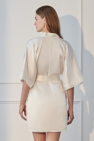 Back view of MANITO Wedding Whisper Silk Short Kimono in pure white, showcasing soft silk texture and relaxed fit.