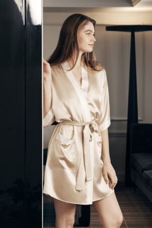 Elegant Whisper Women's Short Silk Kimono in champagne color with a waist tie.