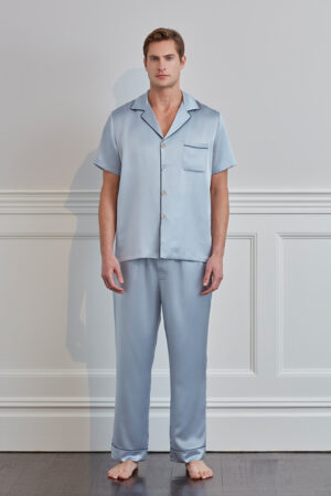 Sophisticated Men's Crystal Blue Silk Pajama Set with Piping Detail.