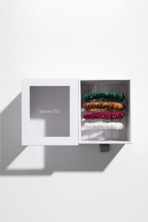 Display of MANITO 4 Pack Twinkle Silk Scrunchie Gift box in color B.