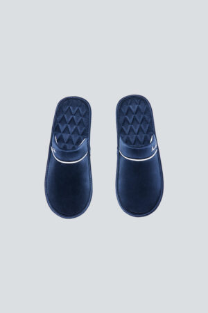 Top view of navy Authentic Men's Silk Lounge Shoes with lamb-leather resilience for durable indoor wear.