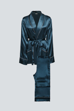 Teal MANITO Elite Women's Silk Robe Suit set highlighting contrast piping, double pockets, and matching silk pants.