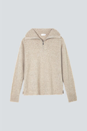 Flat layout of Heather Women's Silk Cashmere Knit Pullover in beige featuring half-zip opening and side splits.