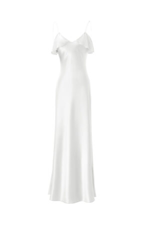 Flat lay of MANITO Aurora Silk Nightdress in white, showing full-length silhouette with ruffle-trimmed neckline.