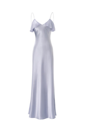 Flat lay of MANITO Aurora Silk Nightdress in lavender, featuring soft sheen silk and feminine ruffle shoulder detail.