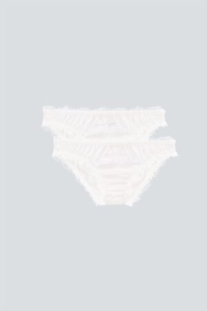 Coucou Women's 2pcs Silk Briefs in ivory white with lace trim and embroidered phrases.