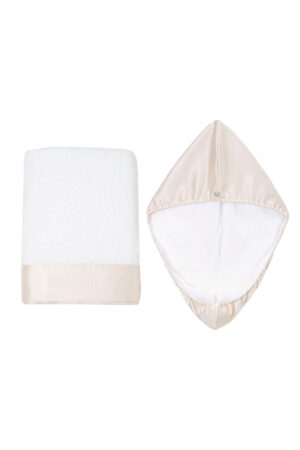Blush Bath Gift Set with silk-trimmed white towel and matching hair wrap.