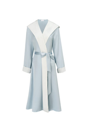 Full view of Calla Women's Hooded Bathrobe, showing the elegant hood drape and fine fabric in soft blue silk.