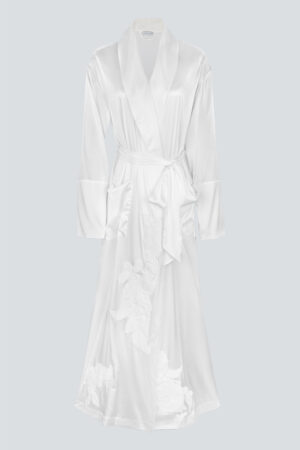 White MANITO Camellia Silk Long Robe with camellia embroidery, large lapels, and elegant waist tie.