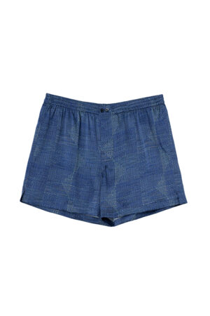 Cube Men's Shorts in navy silk satin with geometric motifs, designed with a relaxed cut for unrestricted comfort.