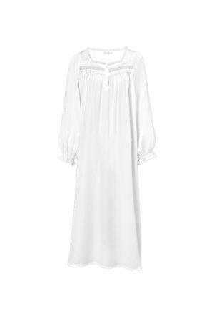 Dream Women's Nightdress in white soft silk satin, featuring relaxed long sleeves and lace-trimmed neckline.