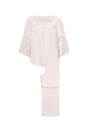 Front view of MANITO Dream Women's Pajama Set in pink soft silk with lace accents along the neckline, mid-sleeves, and pant hems.