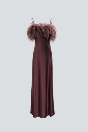 Fiesta red feather silk nightdress, a stunning piece with a rich color and feathered shoulder detail, displayed against a light background.