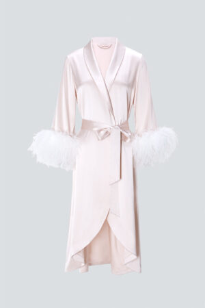 Elegant pink charmeuse silk long robe with a belt and feather details, designed for holiday celebrations and gifts.