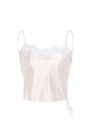 Flat lay of blush pink MANITO Flora Lace Silk Camisole Top with sheer floral lace and modern cropped cut.