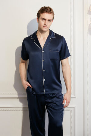 Elegant Authentic Men's Short Sleeve Silk Pajama Set in Navy Blue.