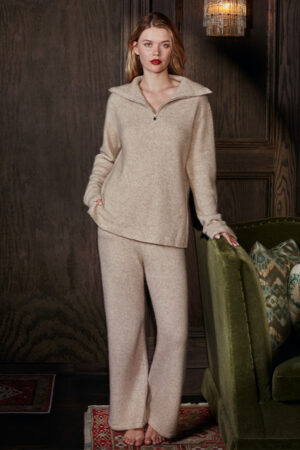 Heather Women's Silk Cashmere Knit Pullover/Pants in beige styled as a relaxed, full matching loungewear set.