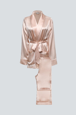 Pink MANITO Elite Women's Silk Robe Suit set featuring elegant shawl collar, practical belt, and matching silk pants.