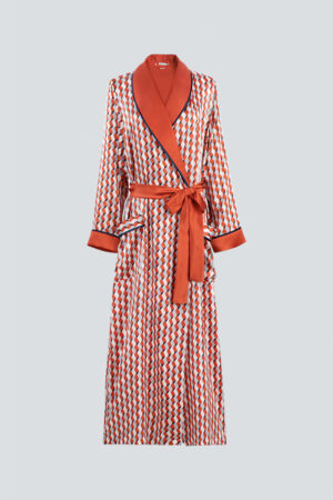 Full product image of Infinite Women's Long Silky Robe showing the entire length and geometric pattern.