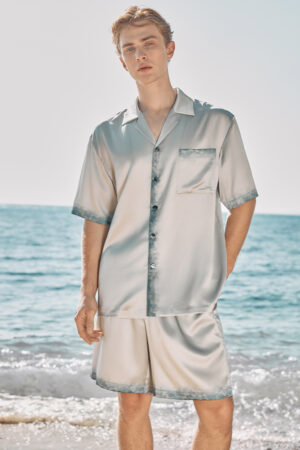 MANITO Inkmark Men's Short Pajama Set front view, short-sleeve silk top and shorts with blue edge detail.