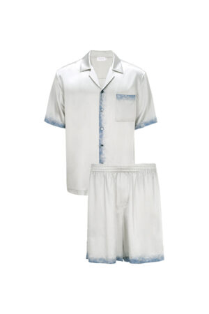 MANITO Inkmark Men's Short Pajama Set laid flat, featuring silk short-sleeve shirt and shorts with blue gradient edges.