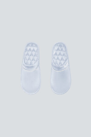 Top view set of blue Authentic Women's Silk Lounge Shoes with airy satin sheen and full diamond pattern.