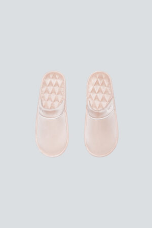 Top view set of pink Authentic Women's Silk Lounge Shoes, highlighting the soft sheen and handcrafted quilting.