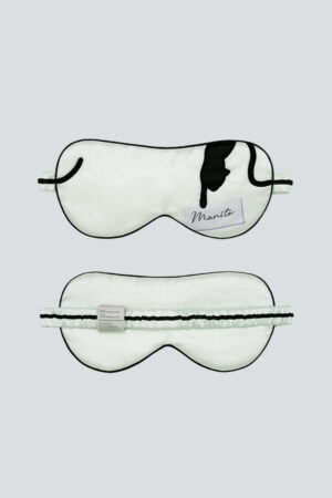 Front and back view of mint green MANITO cat eye mask with embroidered cat head and soft back band.