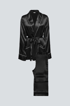Black MANITO Elite Women's Silk Robe Suit set with contrast piping, practical pockets, and a soft waist tie.