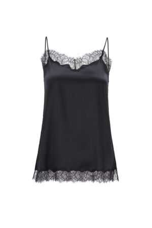 MANITO Latica Lace Silk Camisole Top in black, flat lay with lace detailing on neckline and hem.