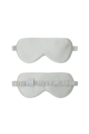 Light Eye Mask in gray silk displayed front and back, featuring smooth texture and secure strap for a gentle fit.