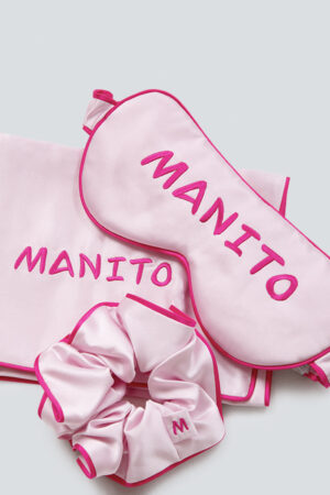 MANITO macaron silk eye mask gift box in pink, featuring an eye mask, scrunchie, and pillowcase, perfect for pampering.