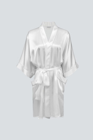 Front view of MANITO Wedding Whisper Silk Short Kimono featuring wide belt, soft silk, and silver embroidery on the cuffs.