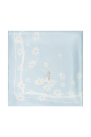 MANITO Alice Daisy Silk Scarf in pastel blue, square drape design with Alice cameo and delicate daisy prints border.