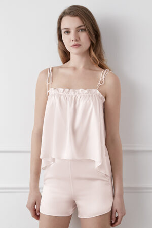 Pink silk Blooming Camisole & Shorts Set styled with a graceful, romantic silhouette.