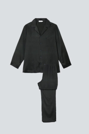 New Fragment Men's Lounge Set in chocolate brown silk with geometric stripes, button-down top and matching pants for stylish comfort.