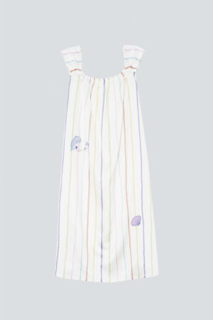 MANITO girls' midi dress with rainbow stripes and delicate embroidery, designed for comfort and elegance.
