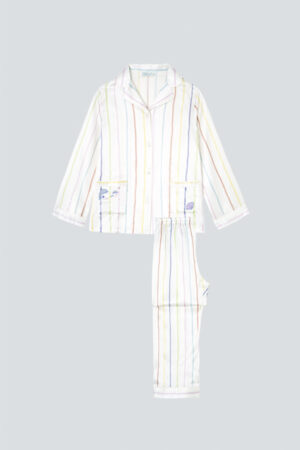 MANITO Ocean Stripe kids silk pajama set with soft rainbow stripes and delicate embroidery.