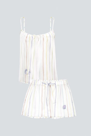 Flat-lay display of MANITO rainbow striped tank top and shorts, highlighting the delicate embroidery details.