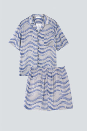 Flat lay of MANITO Ocean Wave Men's Short Pajama Set showing shirt and shorts.