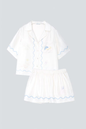 Another angle of shell and dot print detail on the MANITO Ocean Wave Silk Women's Short Pajama Set.