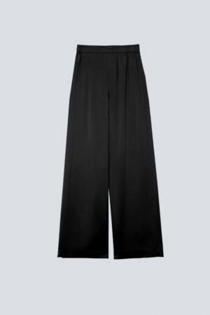Flat lay of MANITO Passion Women's Silk Trousers in black, highlighting wide-leg cut and elastic waist.