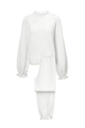 Purity Women's Drawstring Set in snow white, neatly displayed to show its soft ruffled edges and relaxed silhouette.