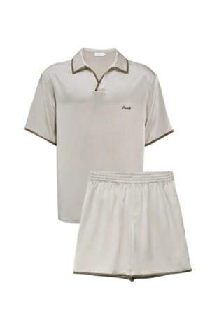 MANITO Ribbon Men's Polo Silk Pajama Set in beige with contrast trim, featuring short-sleeved polo shirt and relaxed-fit shorts.