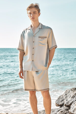 MANITO Ribbon Men's Short Pajama Set full-body view, classic short-sleeve silk shirt with matching shorts.