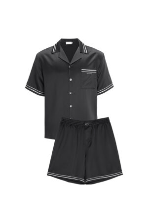 MANITO Ribbon Men's Short Pajama Set flat lay in black color, silk shirt and shorts with striped trim.