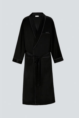 Showcae of Rome Men's Black Silk Robe, made from luxurious 100% silk and features a classic design.