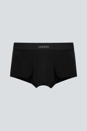 Men's soft black modal silk boxer briefs with MANITO branding at the waist.